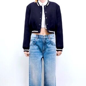 ZARA CROP NAVY WOOL BOMBER JACKET
